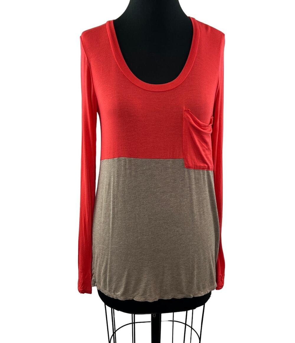ANTHROPOLOGIE BORDEAUX Orange Brown Colorblock Long Sleeve Tee with Pocket S M ?